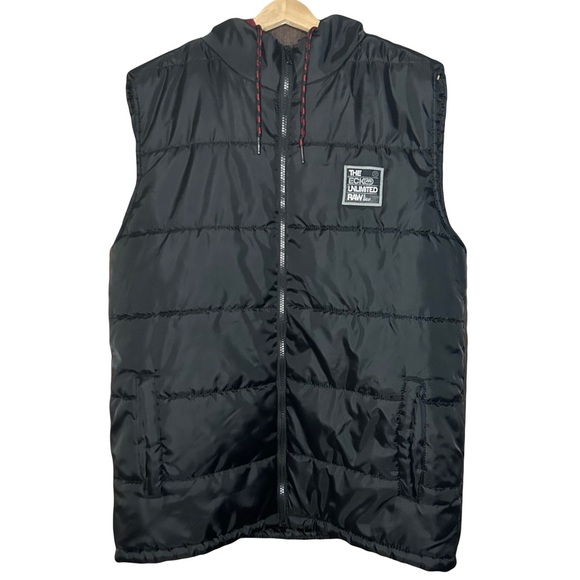 ECKO UNLTD Mens Hooded Black Puffer Vest Size Large Plaid Flannel Red - Picture 1 of 10